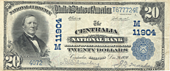 1902 $20.00. Centralia, IL Charter# 11904 Blue Seal. VF.