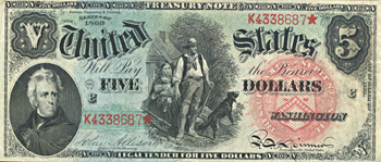 1869 $5.00.  VF.