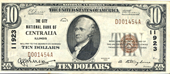 1929 $10.00. Centralia, IL Charter# 11923 Ty. 1. AU.