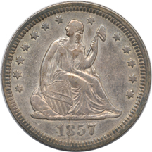 Six Seated Liberty Quarters.