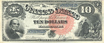 1880 $10.00.  Large Seal Blue Numbers. XF.