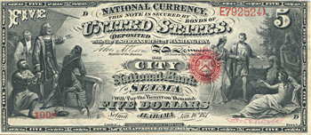 1865 $5.00. Selma, AL Charter# 1736 Rays. CU.