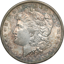 Three Morgan Silver Dollars. MS-63.