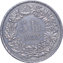 1855 Switzerland Five Frank Commemorative.