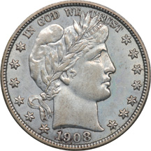 1900 and 1908 Barber Half Dollars. AU-50.