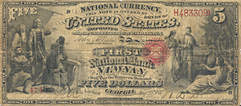 1865 $5.00. Newnan, GA Charter# 1861 Rays. VG.