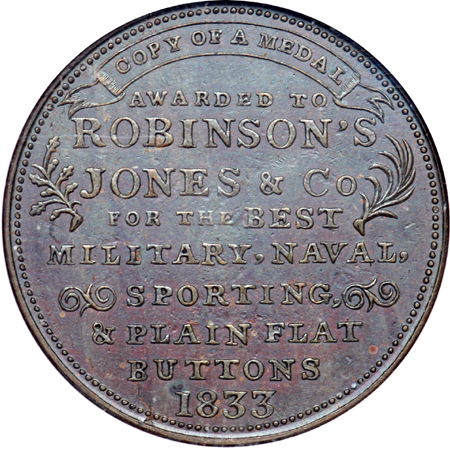 1833 Attleboro, Massachusetts Robinson's Jones & Co., HT-153, Low-76.  NGC MS-62 Brown.