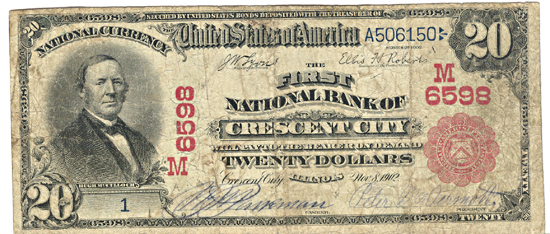 1902 $20.00. Crescent City, IL Charter# 6598 Red Seal. F.  Serial Number 1.