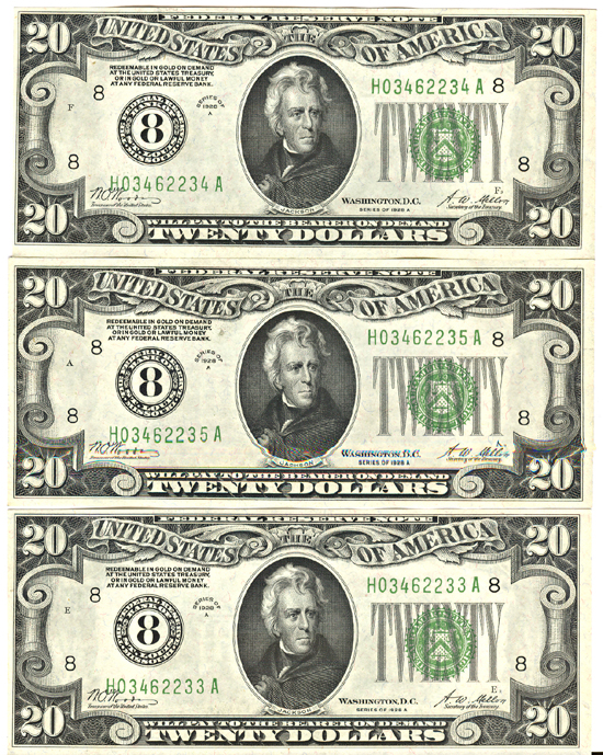 Run of Three 1928-A $20.00 Saint Louis.  CHCU.