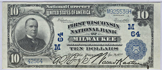 1902 $10.00. Milwaukee, WI Charter# 64 Blue Seal. PMG GemCU-65 EPQ.