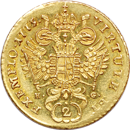 1775-E, KM2085, Joseph II Austrian Gold 2 Ducats. AU-58.