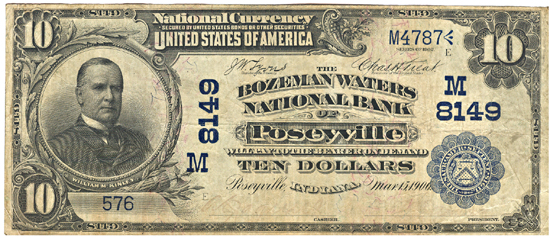 1902 $10.00. Poseyville, IN Charter# 8149 Blue Seal Date Back. F.