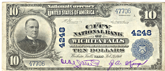 1902 $10.00. Wichita Falls, TX Charter# 4248 Blue Seal. VF.