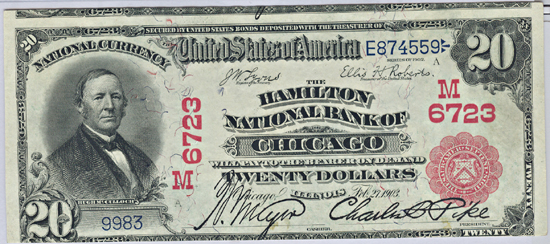 1902 $20.00. Chicago, IL Charter# 6723 Red Seal. PMG CU.