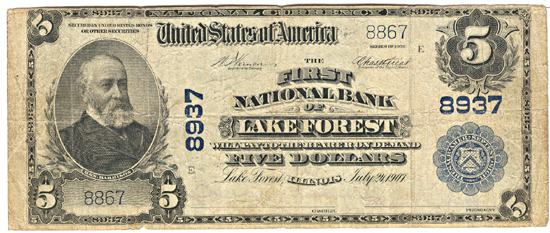 1902 $5.00. Lake Forest, IL Charter# 8937 Blue Seal. VG.