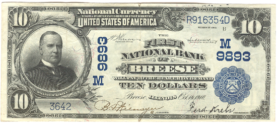 1902 $10.00. Breese, IL Charter# 9893 Blue Seal. XF.