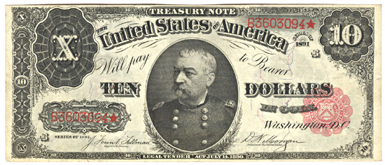 1891 $10.00.  XF.