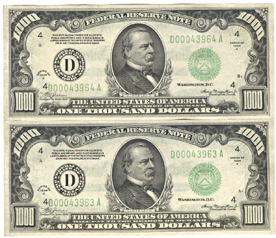 Two 1934-A $1,000.00 Cleveland.  AU.