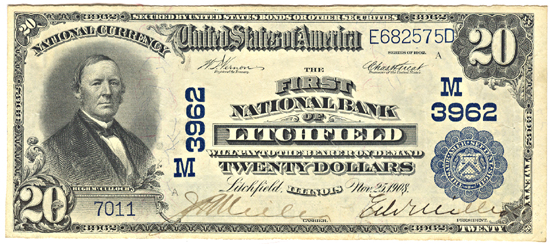 1902 $20.00. Litchfield, IL Charter# 3962 Blue Seal. XF.