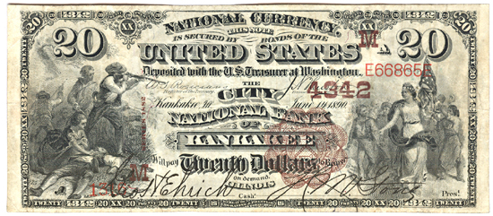 1882 $20.00. Kankakee, IL Charter# 4342 Brown Back. VF.