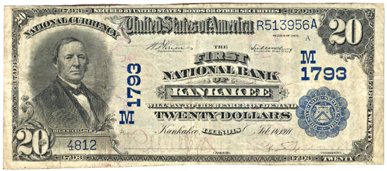 1902 $20.00. Kankakee, IL Charter# 1793 Blue Seal Date Back. F.