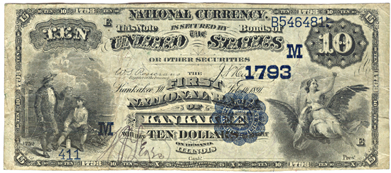 1882 $10.00. Kankakee, IL Charter# 1793 Date Back. F.