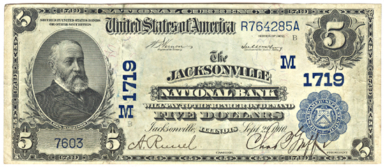 1902 $5.00. Jacksonville, IL Charter# 1719 Blue Seal Date Back. VF.