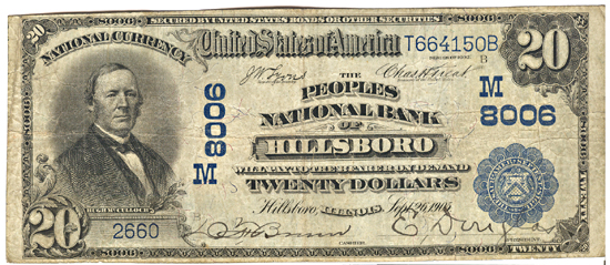 1902 $20.00. Hillsboro, IL Charter# 8006 Blue Seal. F.