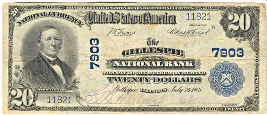 1902 $20.00. Gillespie, IL Charter# 7903 Blue Seal. F.