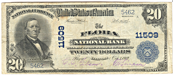 1902 $20.00. Flora, IL Charter# 11509 Blue Seal. F.