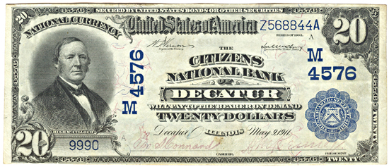 1902 $20.00. Decatur, IL Charter# 4576 Blue Seal Date Back. AU.