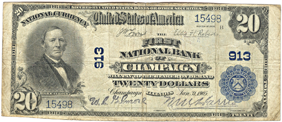 1902 $20.00. Champaign, IL Charter# 913 Blue Seal. F.
