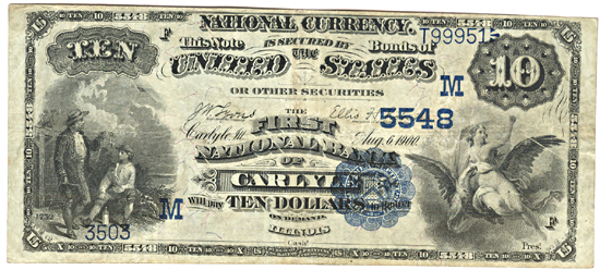 1882 $10.00. Carlyle, IL Charter# 5548 Date Back. VF.