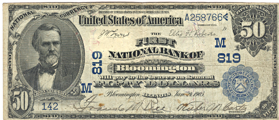 1902 $50.00. Bloomington, IL Charter# 819 Blue Seal Date Back. F.