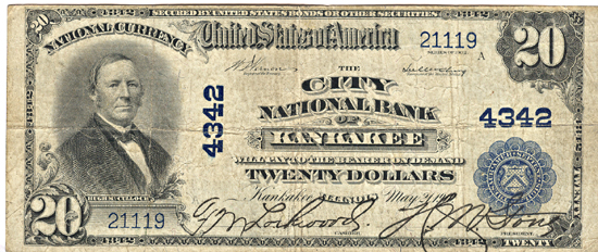 1902 $20.00. Kankakee, IL Charter# 4342 Blue Seal. F.