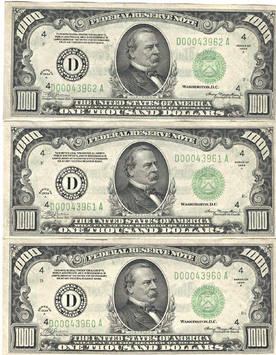 Run of Three 1934-A $1,000.00 Cleveland.  CU.