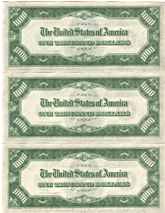 Run of Three 1934-A $1,000.00 Cleveland.  CU.