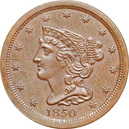 1828 13 Stars, C-1, R-2 Classic Head Half Cent AU-50 and 1850 C-1, R-2 Braided Hair Half Cent MS-62 Brown.