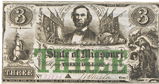 1862 $3 Missouri Defense Bond.  F.