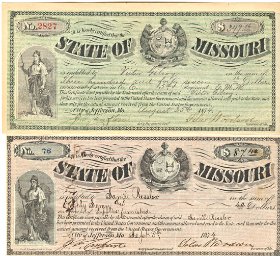 Two 1874 Missouri Issued Checks.