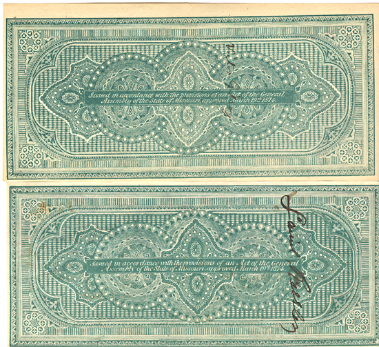 Two 1874 Missouri Issued Checks.