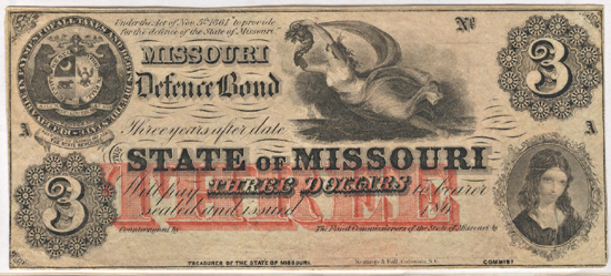 Two $3 1862 Missouri Defense Bonds.  PCGS AU-55 PPQ and AU-53 PPQ.