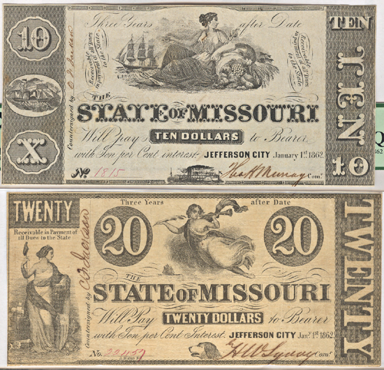 Four 1862 Missouri Defense Bonds.  PCGS.