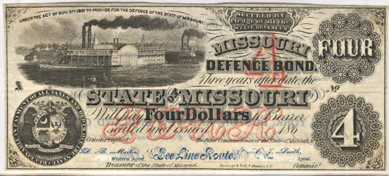 1862 $4 Missouri Defense Bond.  PCGS VF-35.