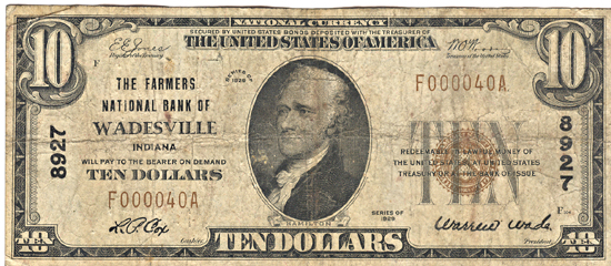 1929 $10.00. Wadesville, IN Charter# 8927 Ty. 1. VG.