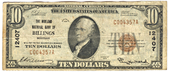 1929 $10.00. Billings, MT Charter# 12407 Ty. 1. F.