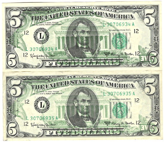 Pair of 1963-A $5 Overprint Errors.  AU.