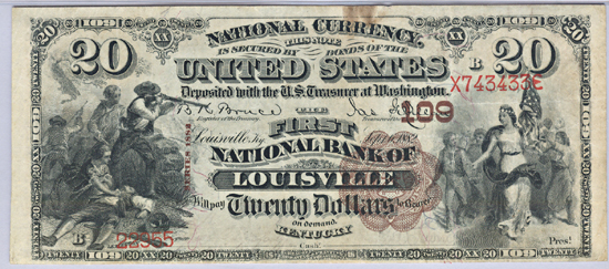 1882 $20.00. Louisville, KY Charter# 109 Brown Back. PMG F-12.