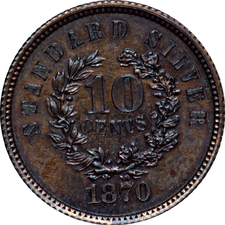 1870 Standard Silver Design Ten Cents, J-857, P-937, R-7. PF-62 Brown.