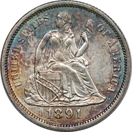 1891 Seated Liberty and 1916-S Barber Dimes. MS-62